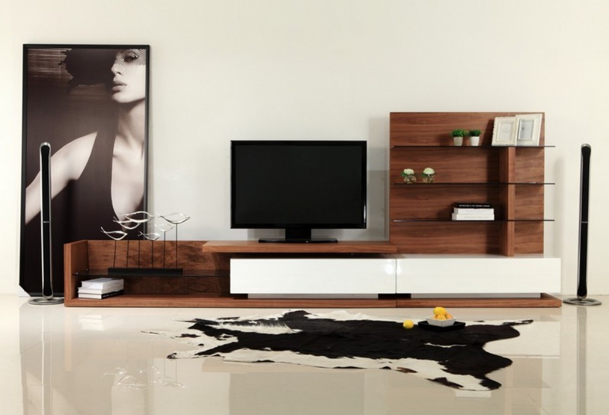 Large Walnut and White Plasma Television Wall Unit - Click Image to Close