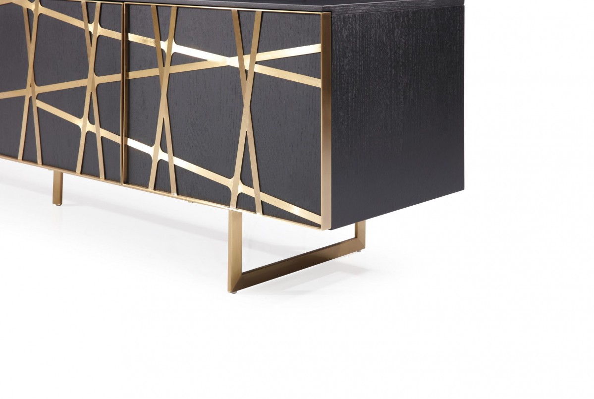 Modern Black Oak TV Stand with Champagne Gold Stripes - Click Image to Close