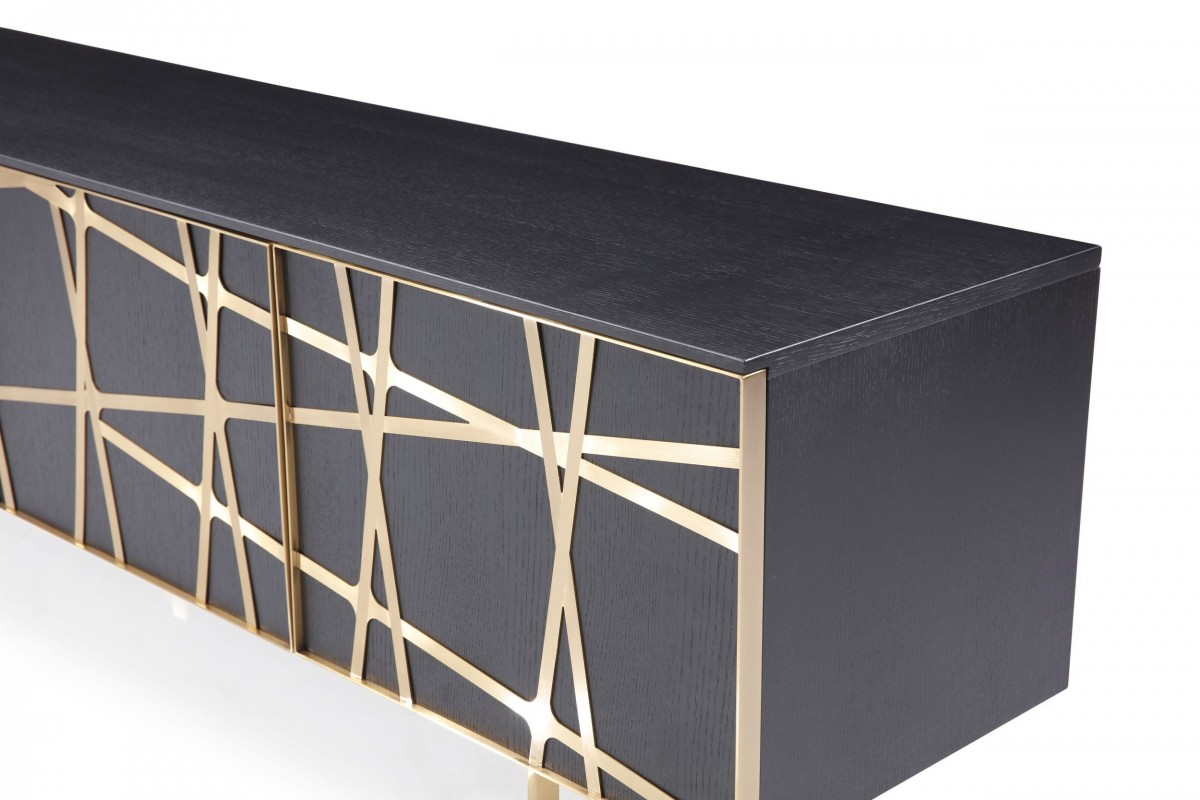 Modern Black Oak TV Stand with Champagne Gold Stripes - Click Image to Close