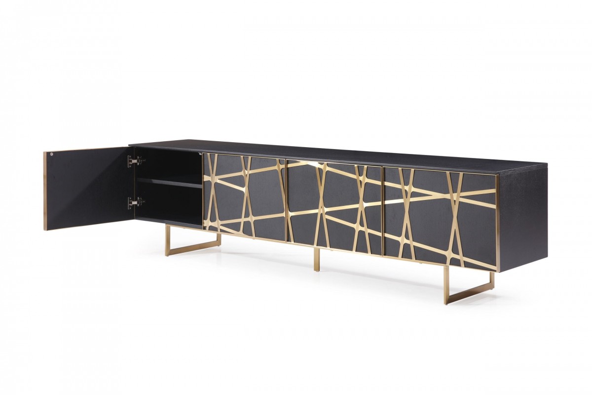 Modern Black Oak TV Stand with Champagne Gold Stripes - Click Image to Close