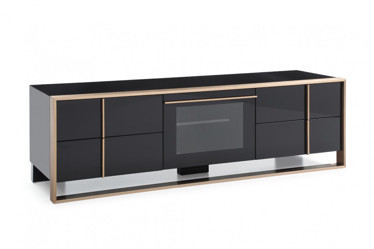 Modern Black TV Unit with Brushed Rosegold Stainless Steel Frame - Click Image to Close