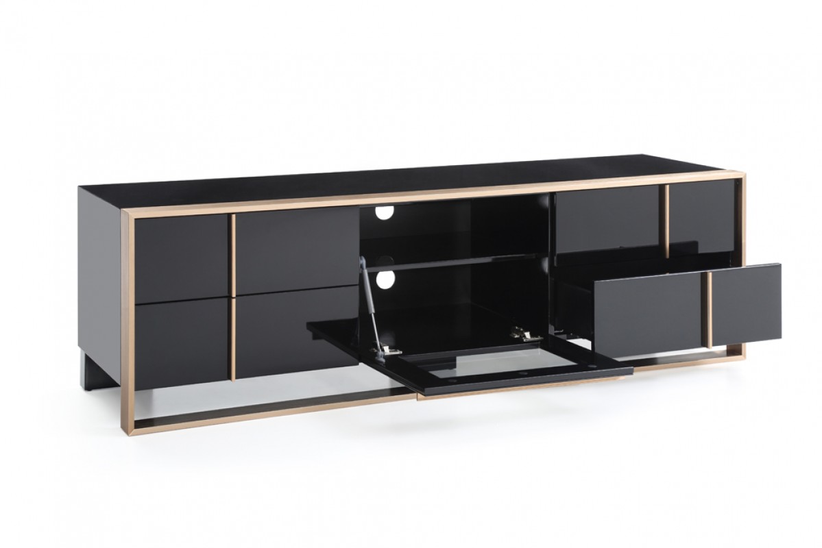 Modern Black TV Unit with Brushed Rosegold Stainless Steel Frame - Click Image to Close