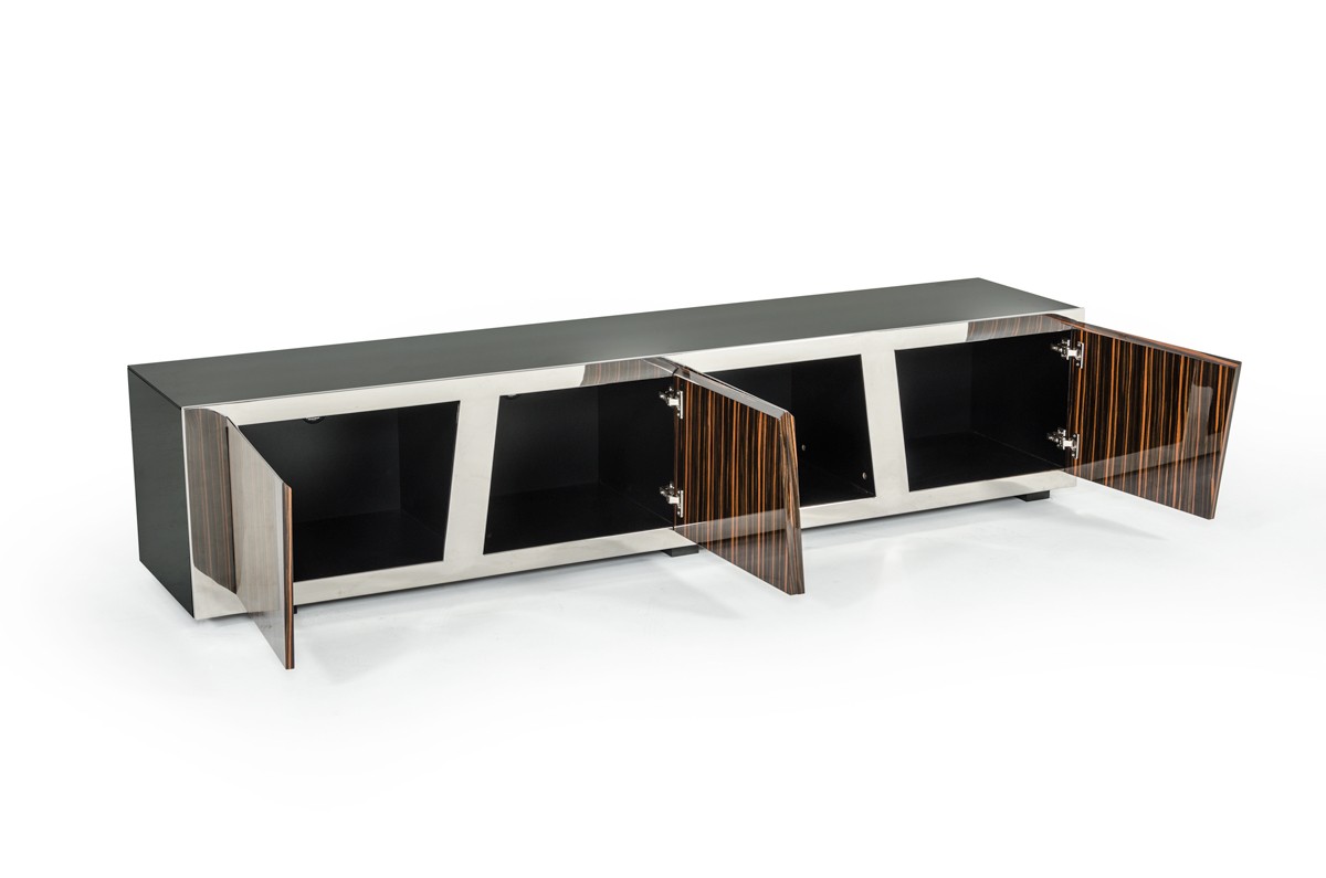 Modern Ebony TV Stand with Dark Coffee Tempered Glass Top - Click Image to Close