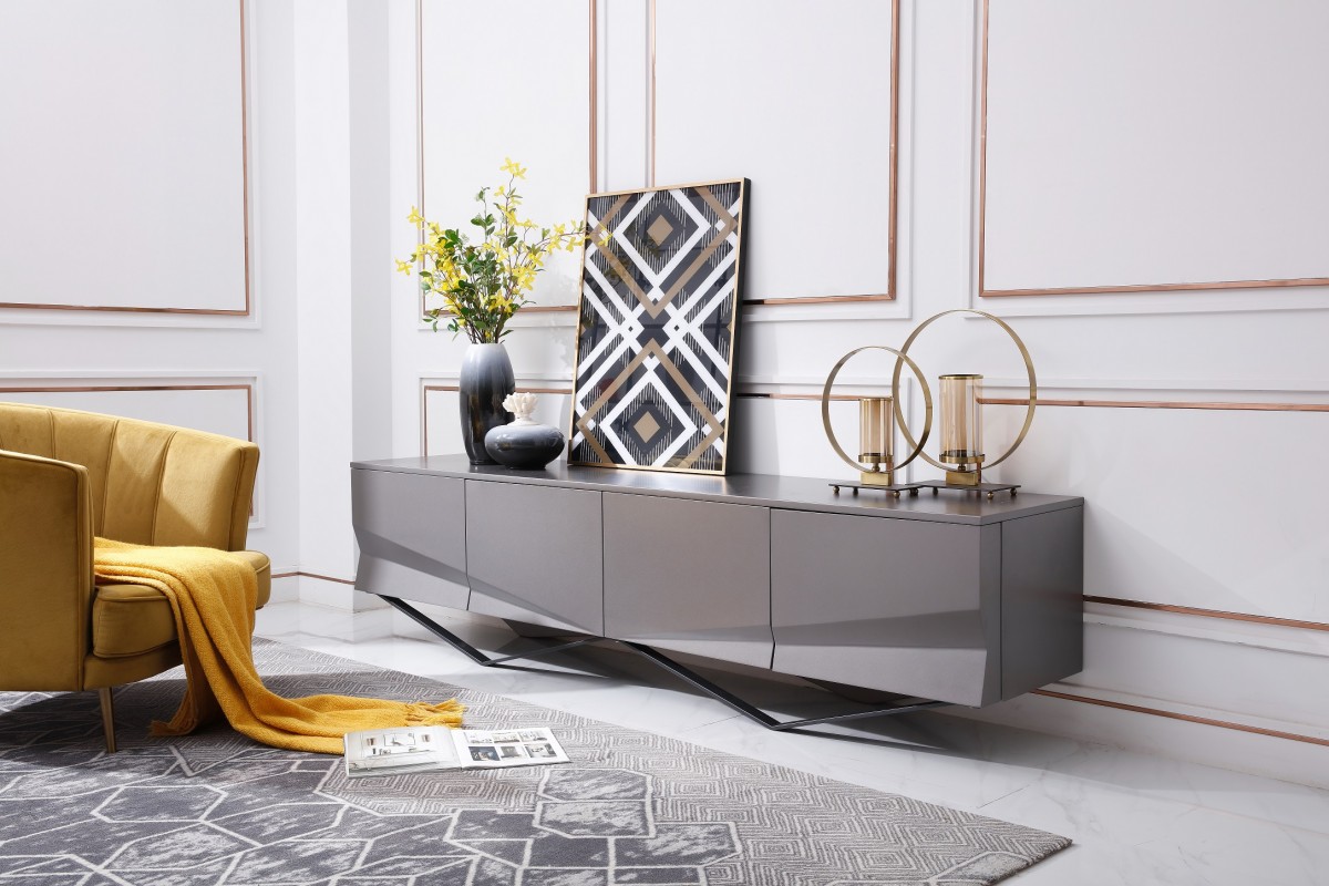 Modern Matte Grey TV Stand with Black Powder-Coated Metal Legs - Click Image to Close