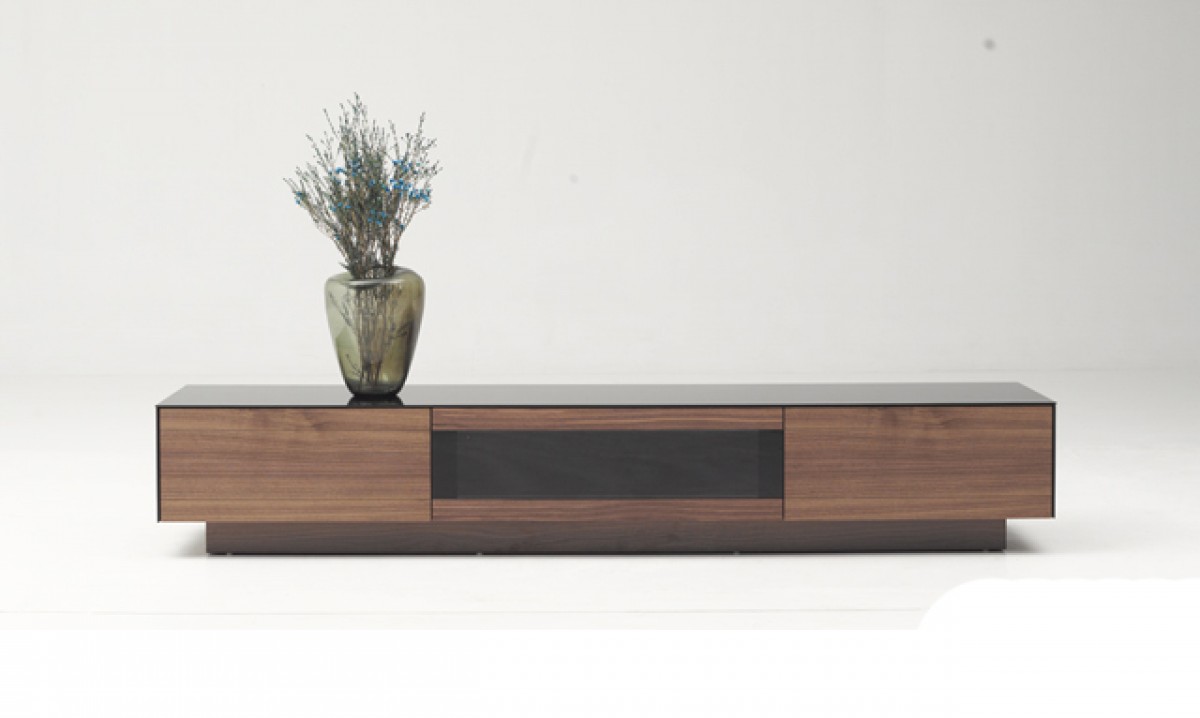 Modern Walnut TV Unit with Tempered Glass Top - Click Image to Close