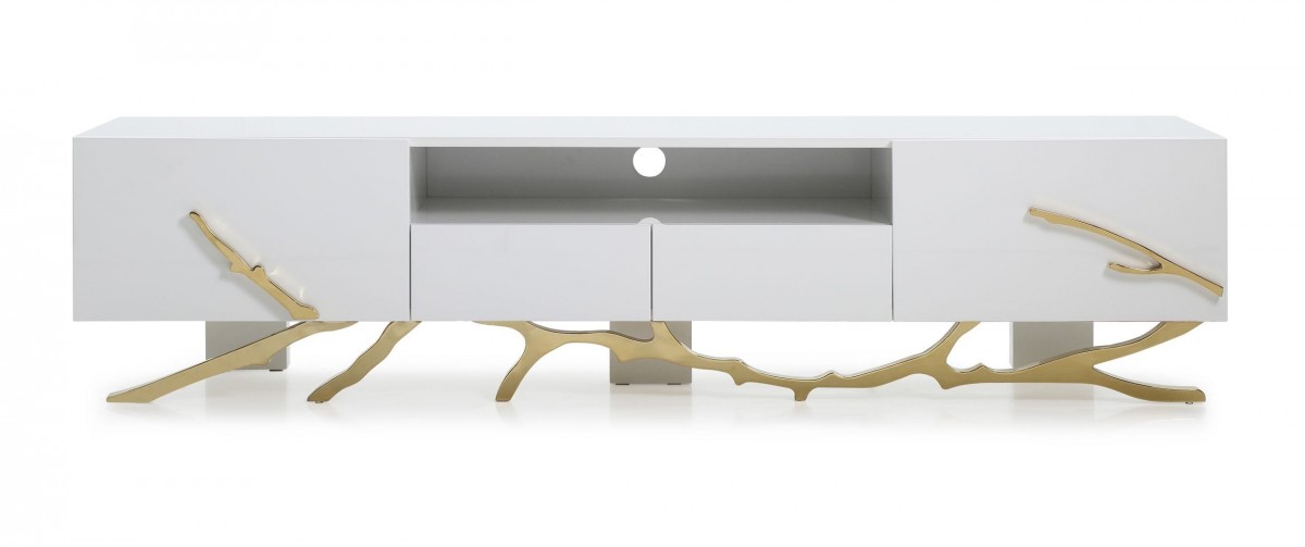 Modern White TV Stand with Champagne Gold Stainless Steel Base - Click Image to Close