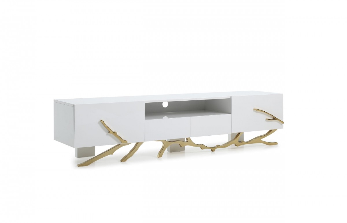 Modern White TV Stand with Champagne Gold Stainless Steel Base - Click Image to Close