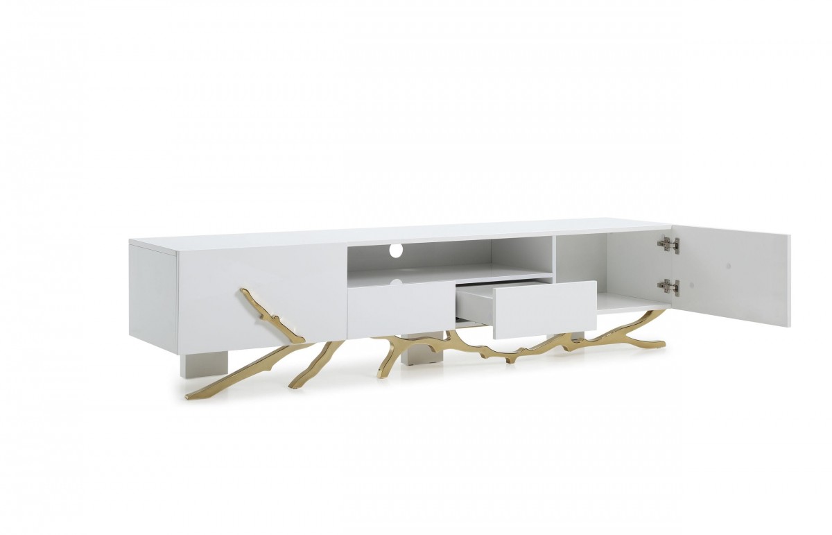 Modern White TV Stand with Champagne Gold Stainless Steel Base