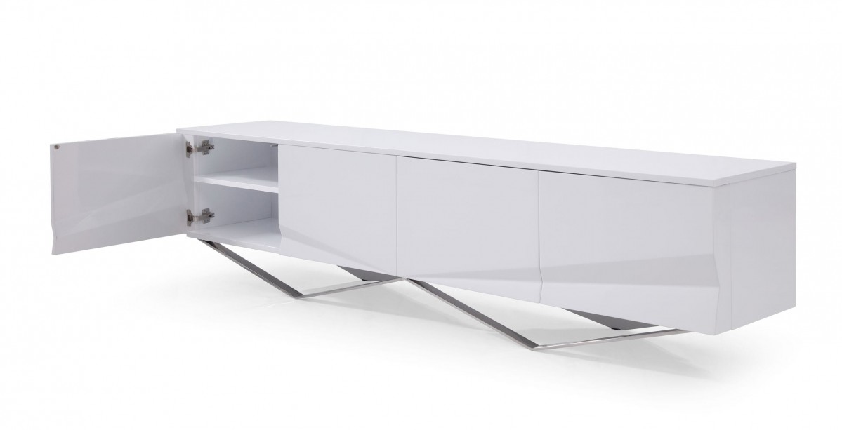 Modern White TV Stand with Stainless Steel Base