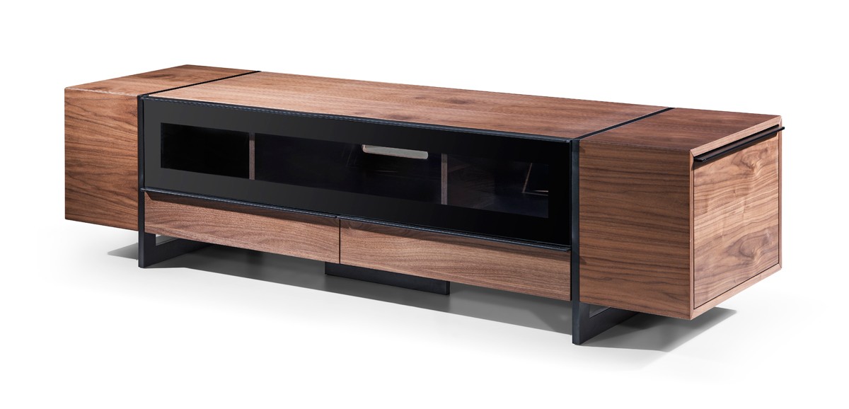 Walnut Wood Contemporary TV Stand with Drawer and Side Compartents - Click Image to Close