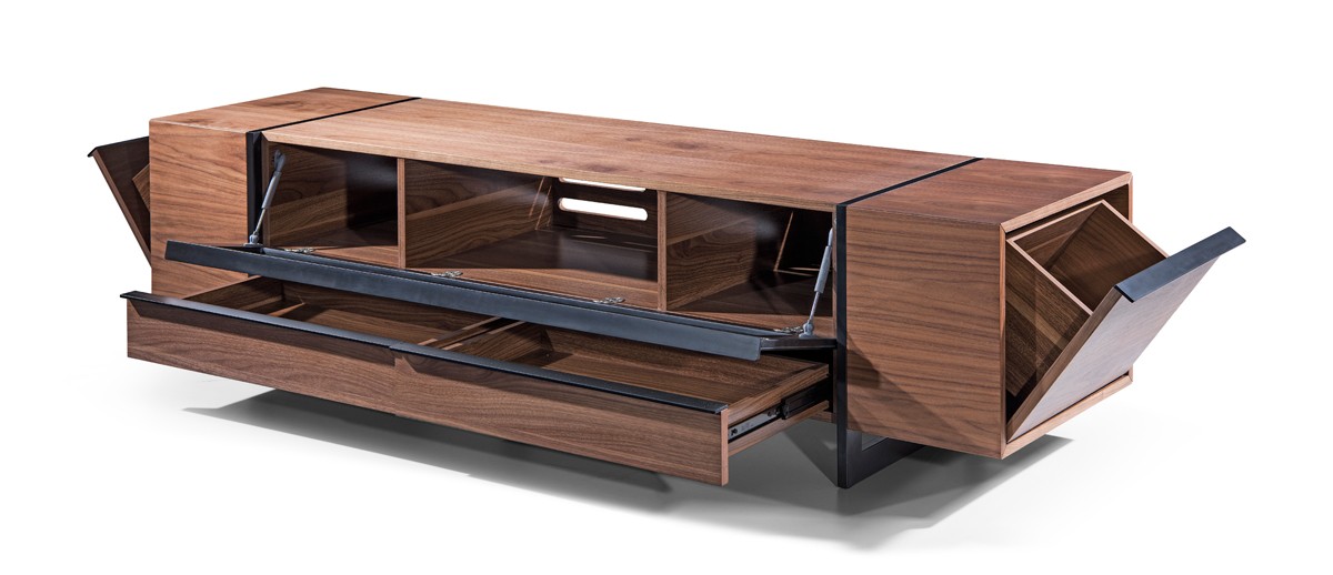 Walnut Wood Contemporary TV Stand with Drawer and Side Compartents
