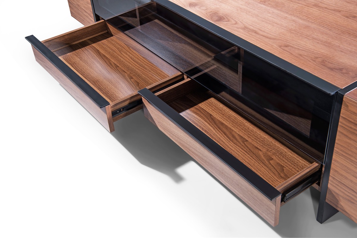 Walnut Wood Contemporary TV Stand with Drawer and Side Compartents - Click Image to Close