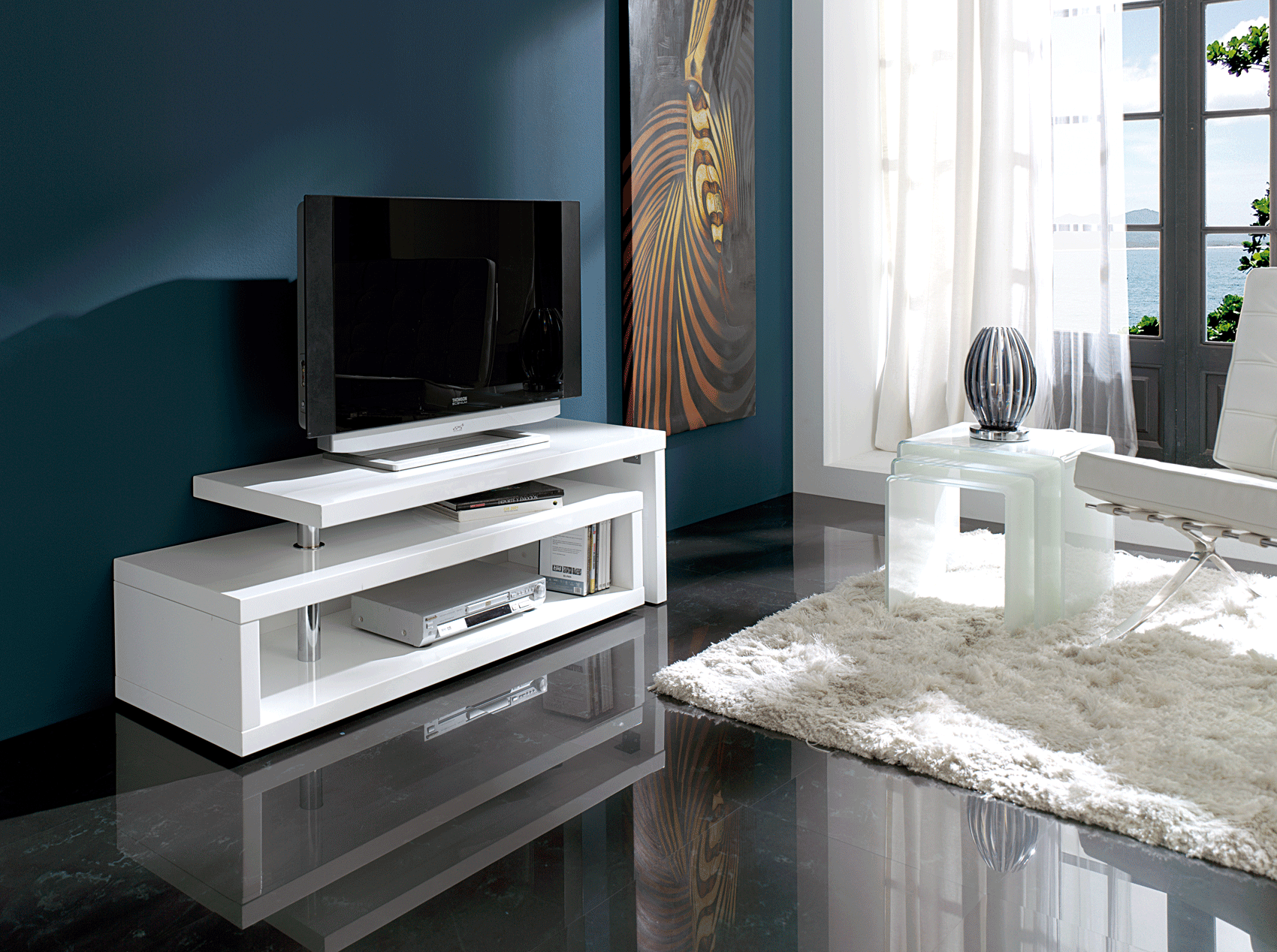 White High Gloss Turning and Extensible TV Stand - Click Image to Close