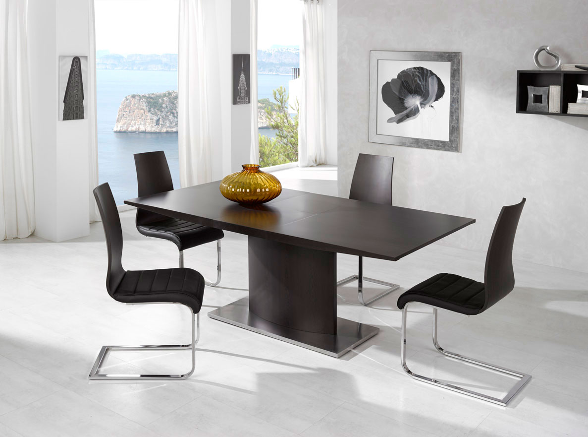 Metal and Wood Back Dining Chair with Black Leather Seats - Click Image to Close