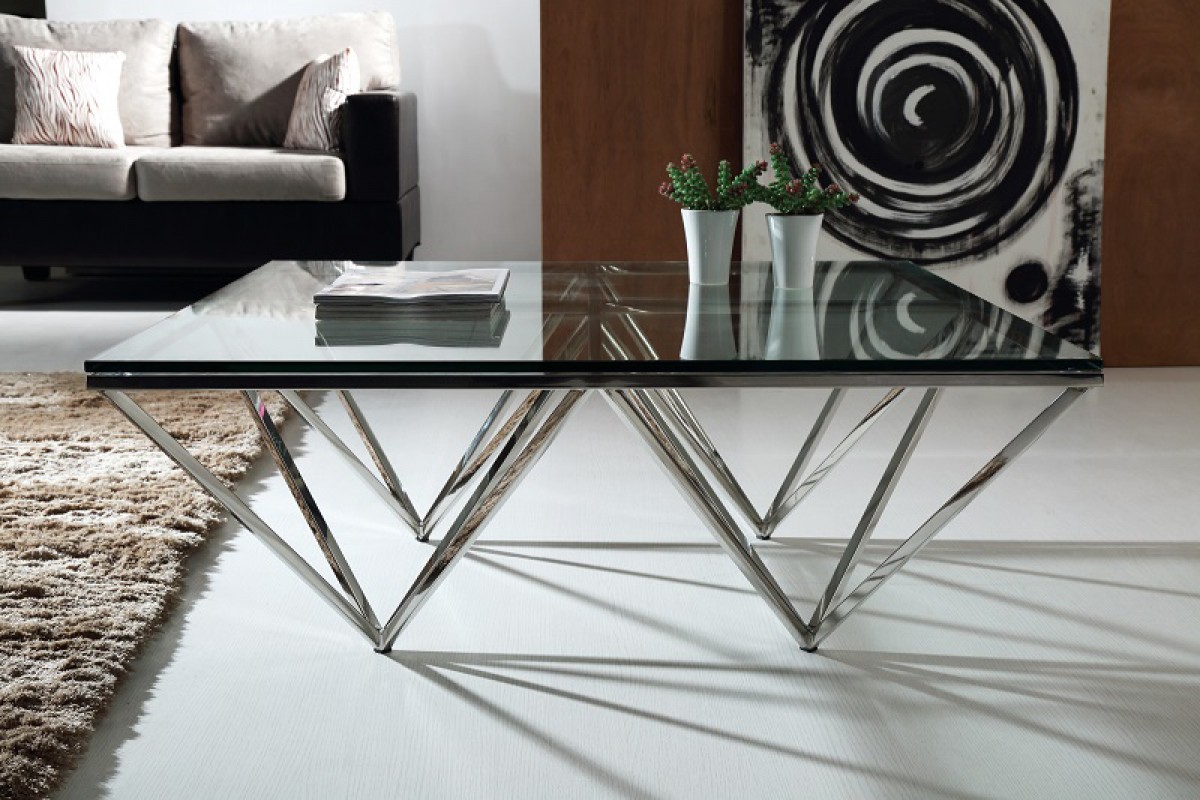 Geometric Tampered Glass and Stainless Steel Coffee Table - Click Image to Close