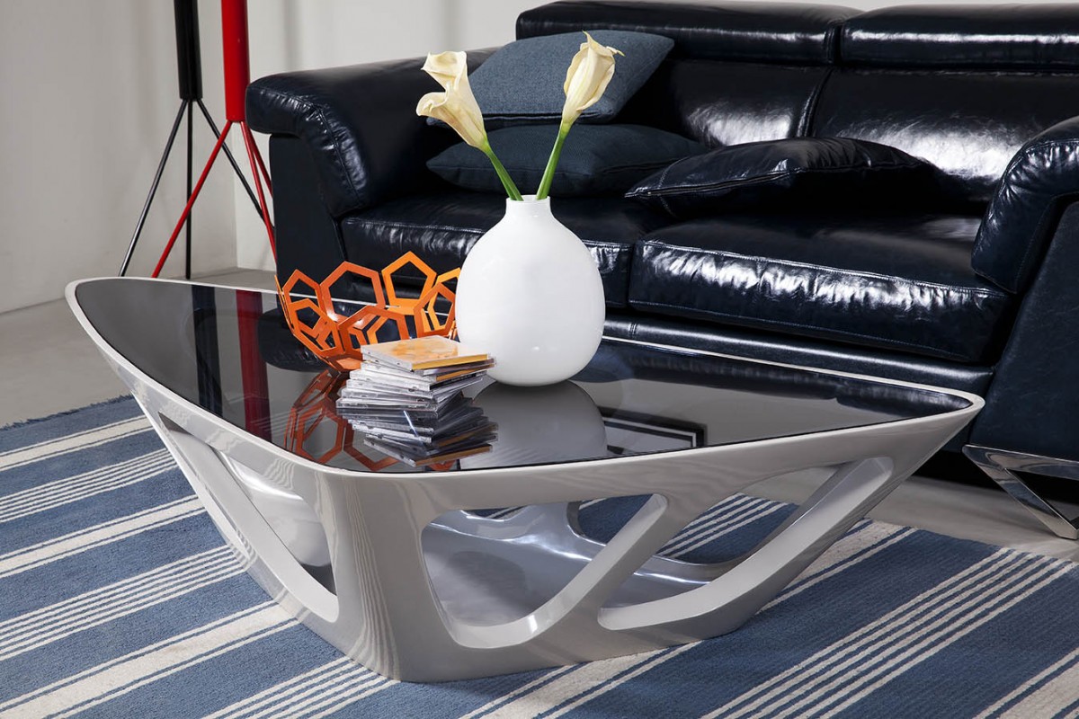 Light Grey Base and Grey Tempered Glass Flatiron Coffee Table Houston