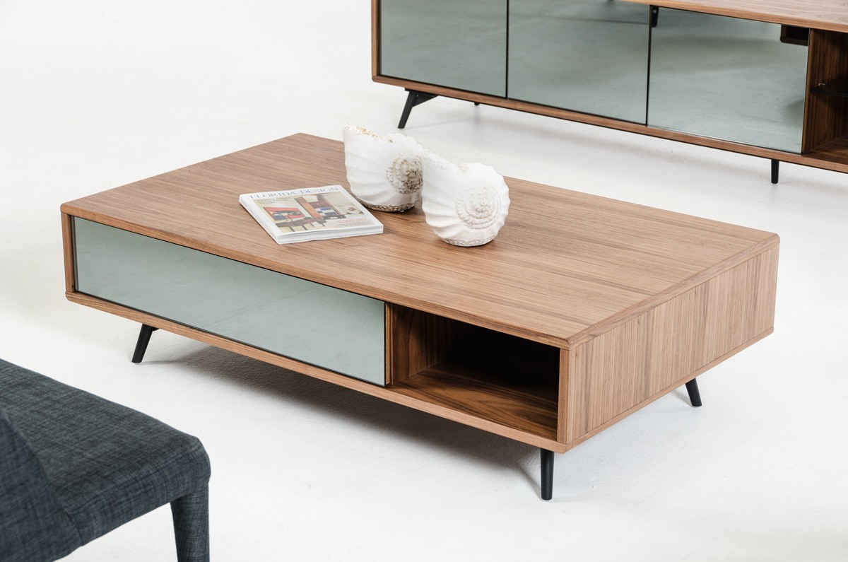 Modern Walnut and Mirrored Glass Coffee Table Philadelphia 