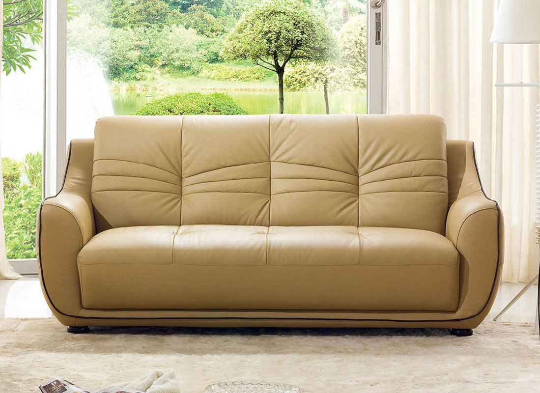 beige leather and wood sofa