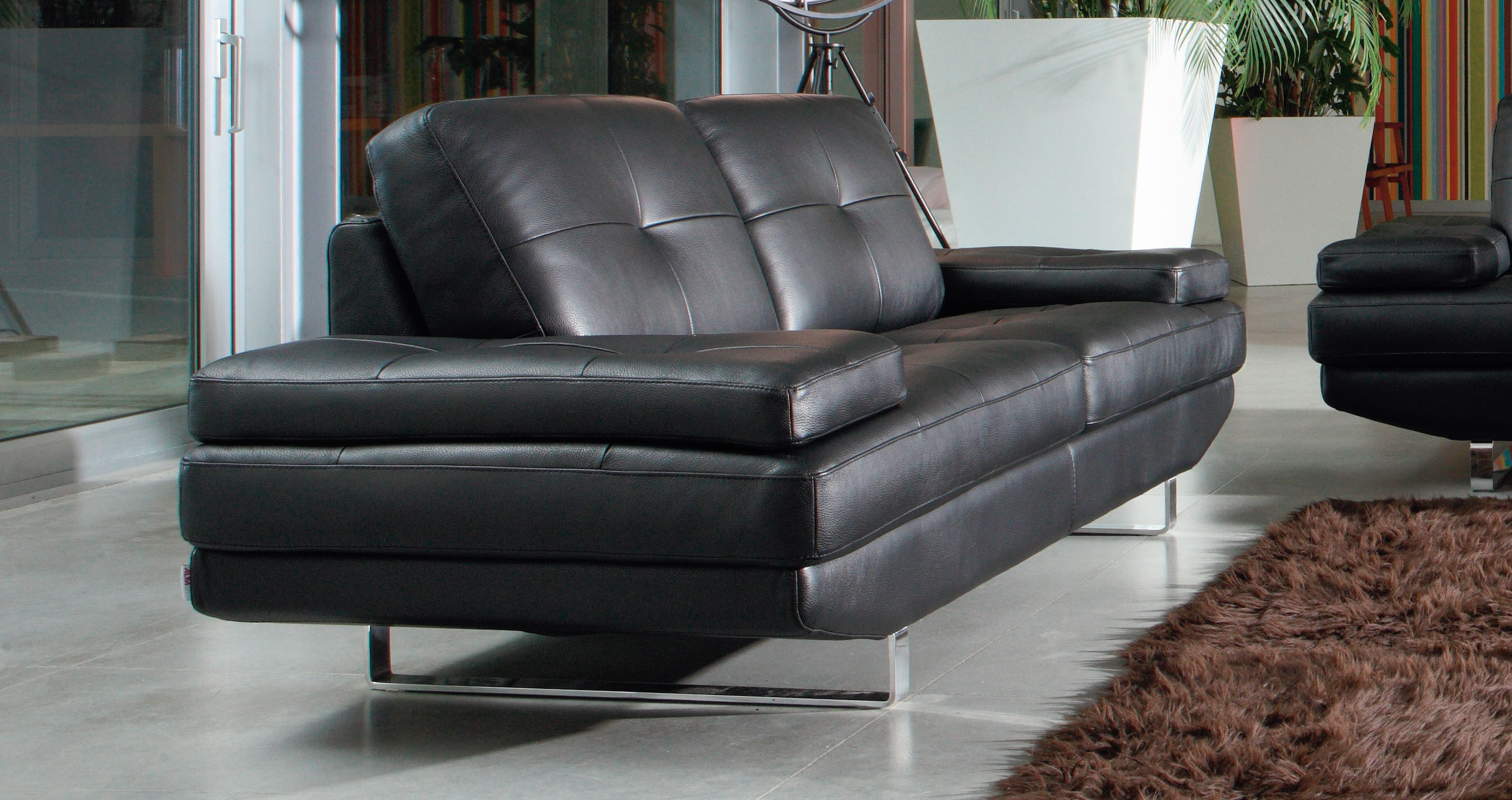 Contemporary Black Leather Sofa Set with Chrome Inserts - Click Image to Close