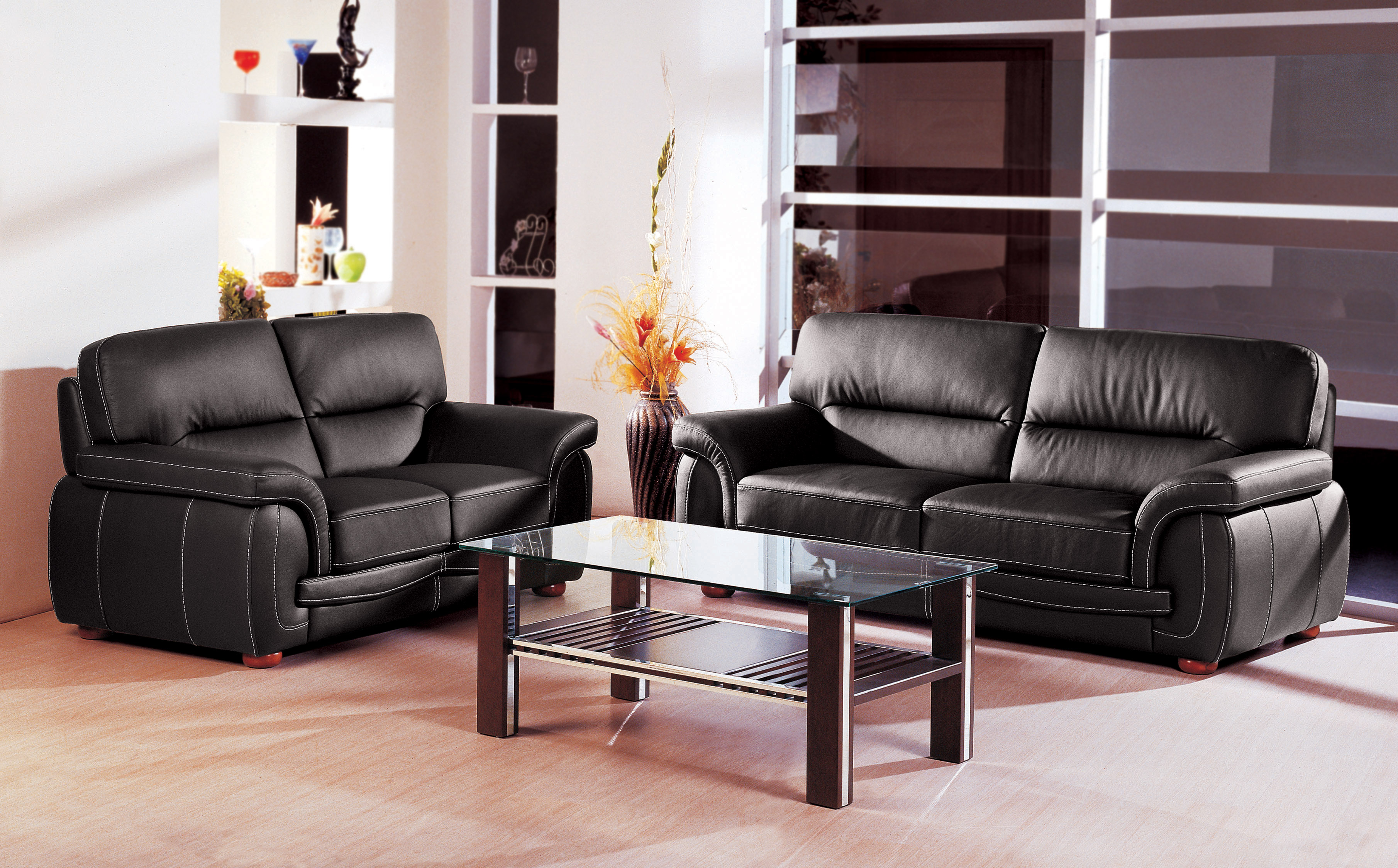 Black Italian Real Leather Sofa Loveseat With White Stitching Bh Sienna 