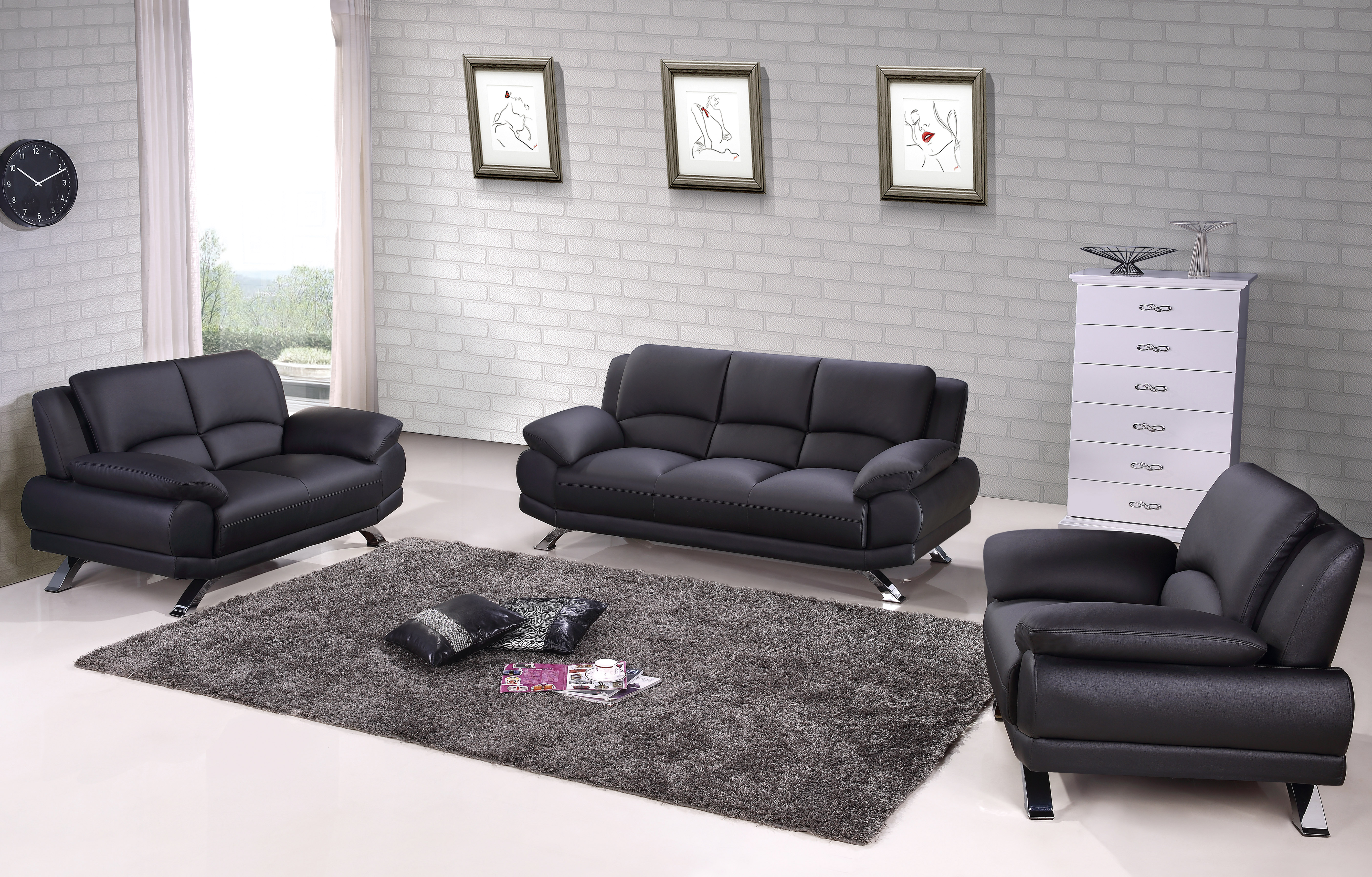 Black Genuine Leather Sofa Set With, Real Leather Living Room Sets