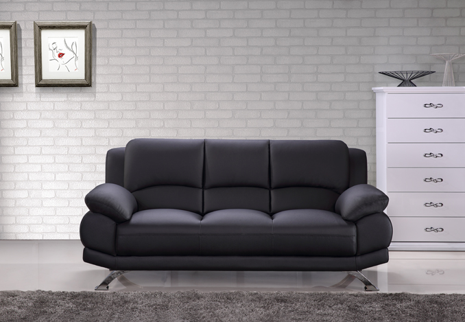 Black Top-Grain Leather Sofa Set with Tufted Pillows - Click Image to Close