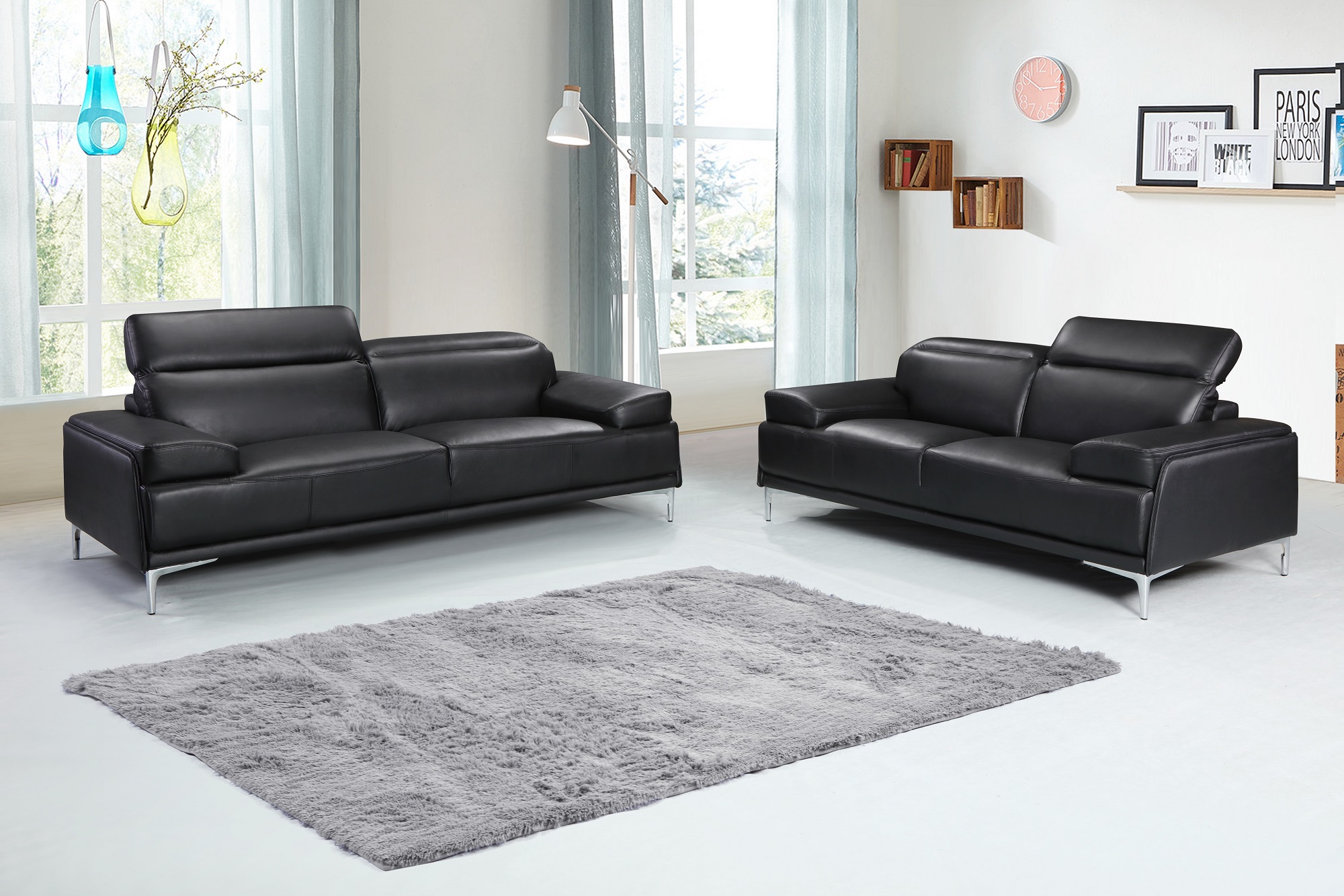 Contemporary Black Leather Living Room Sofa Set Minneapolis Minnesota J