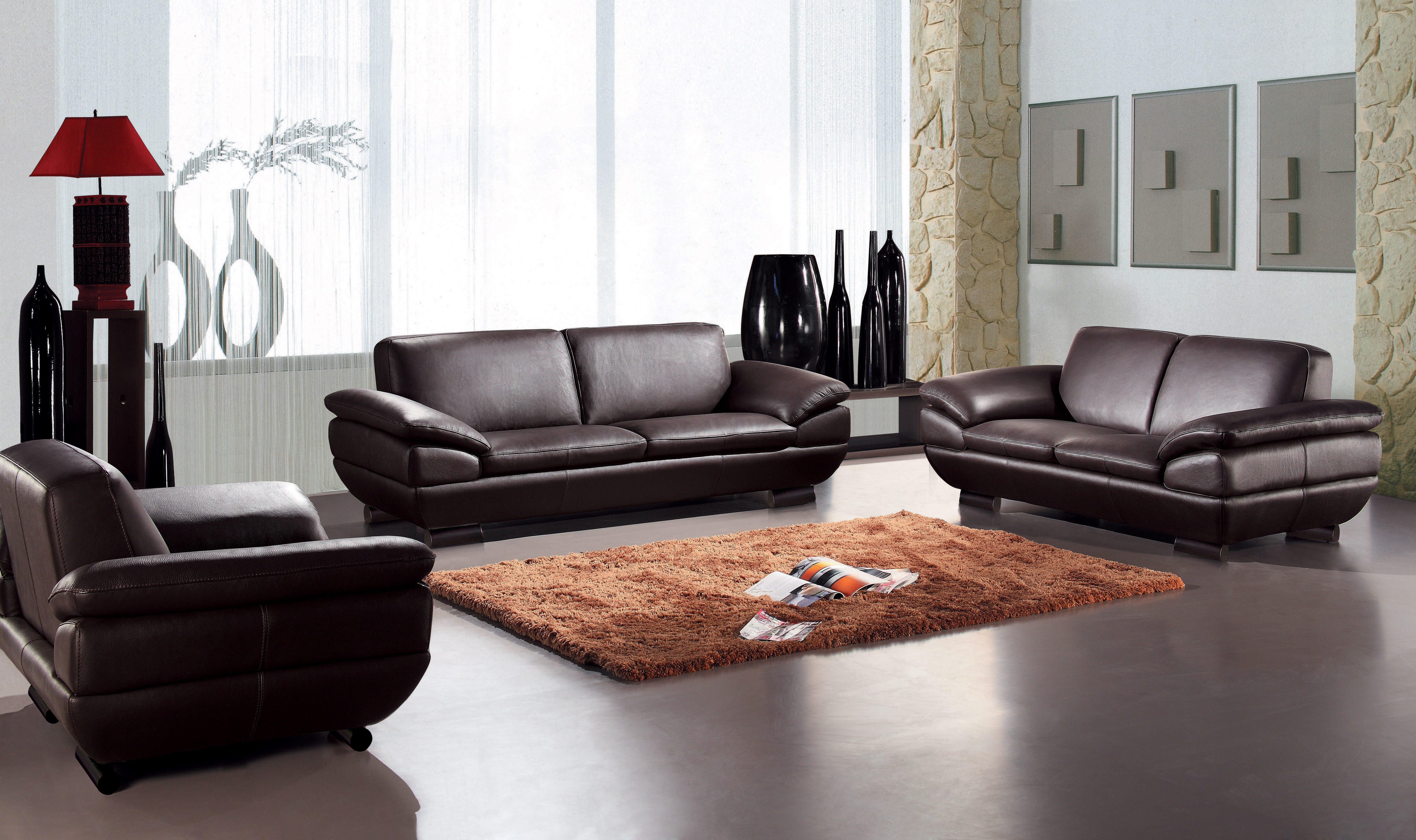 Contemporary Three Piece Sofa Set In, Real Leather Living Room Sets