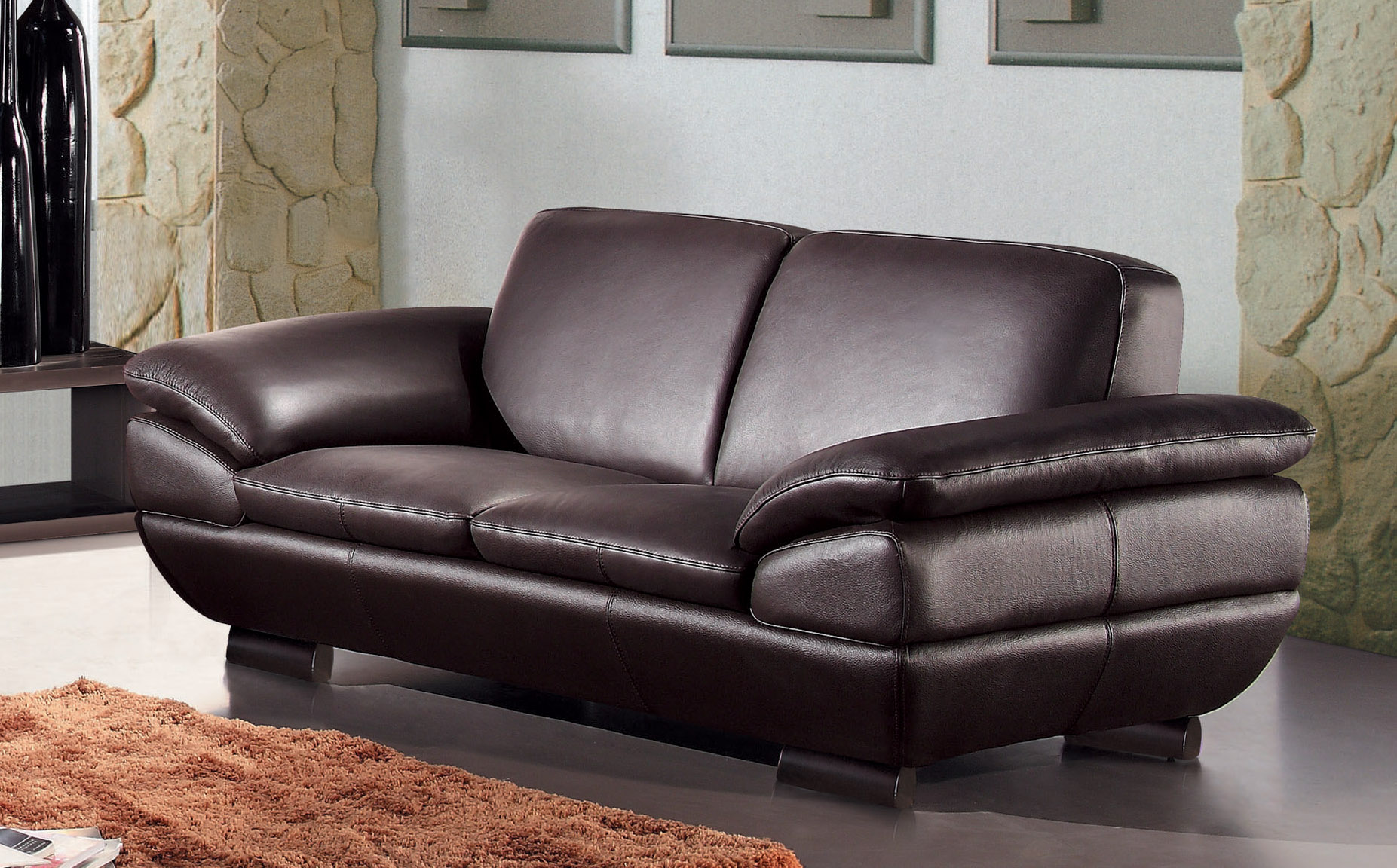 Contemporary Three Piece Sofa Set in Dark Brown Leather