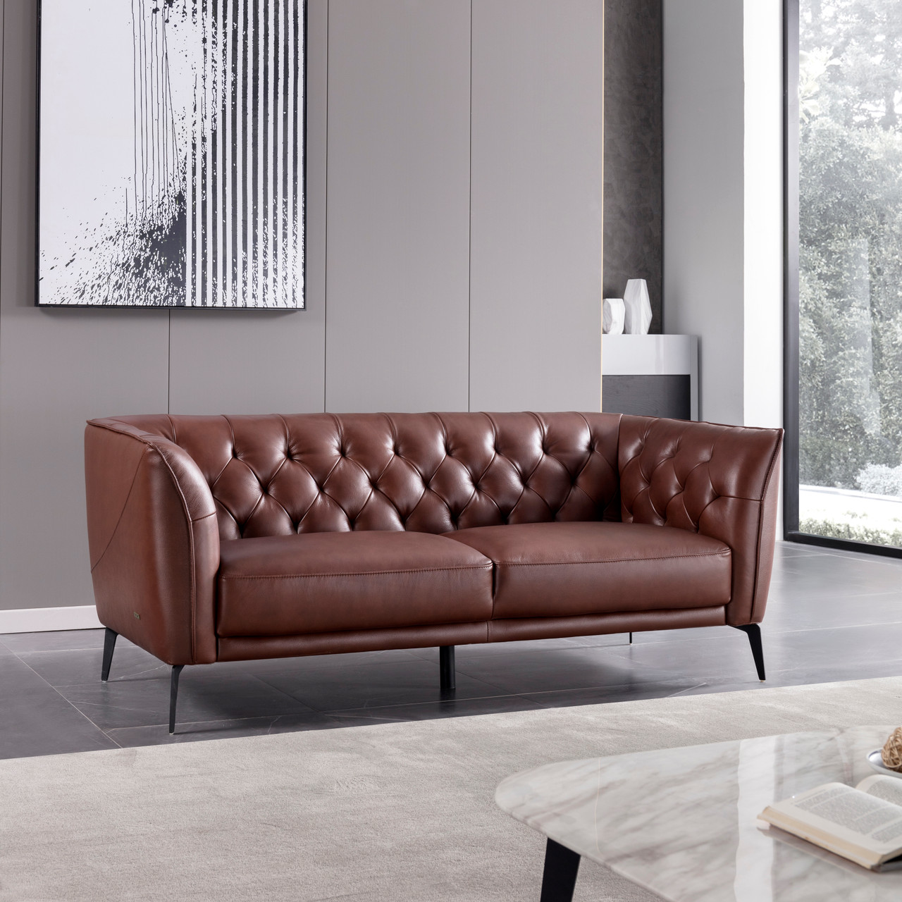 Brown Leather Contemporary Living Room Set with Metal Legs