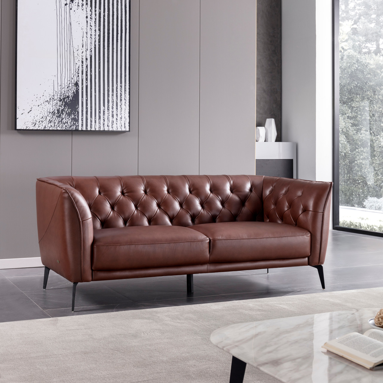 Brown Leather Contemporary Living Room Set with Metal Legs - Click Image to Close