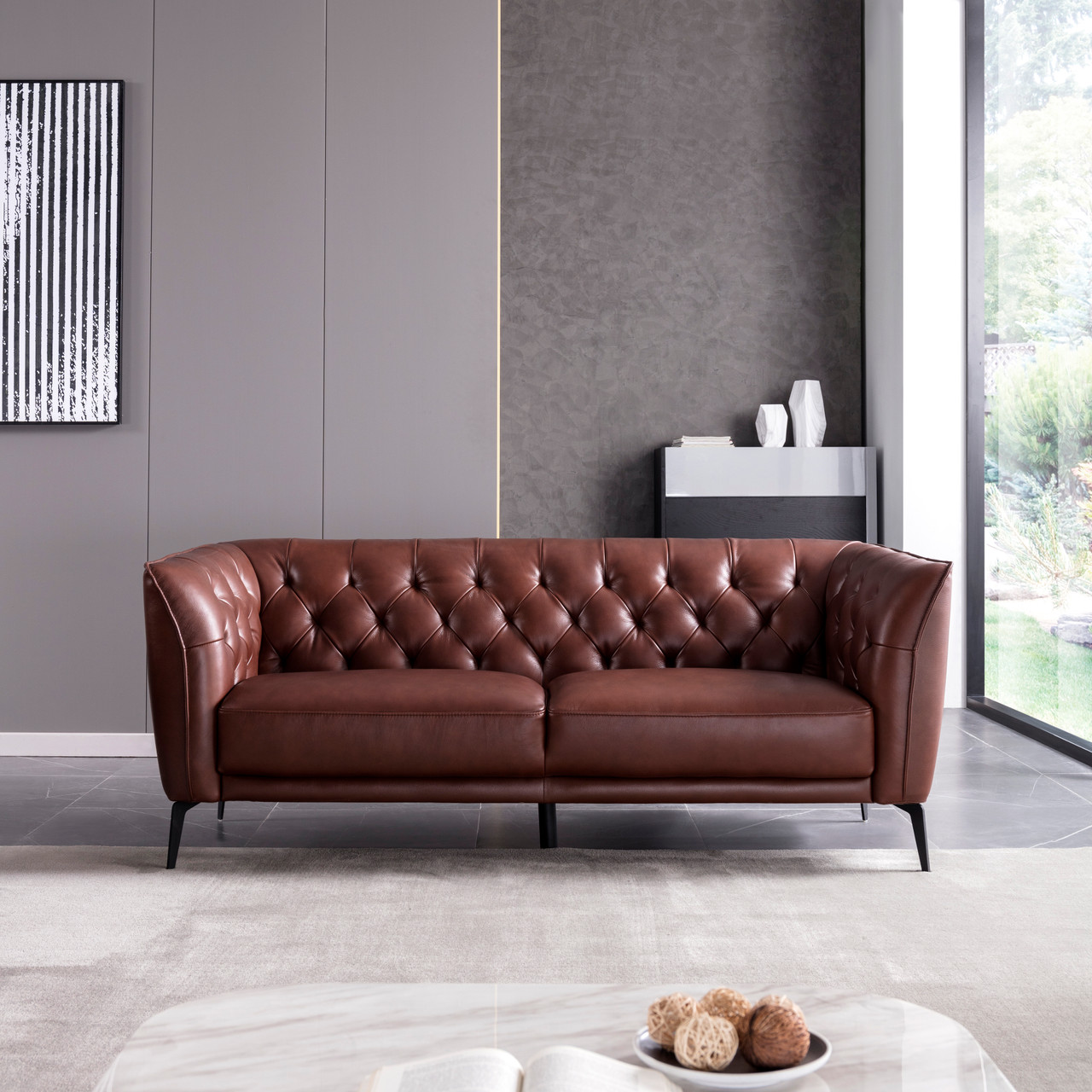 Brown Leather Contemporary Living Room Set with Metal Legs - Click Image to Close
