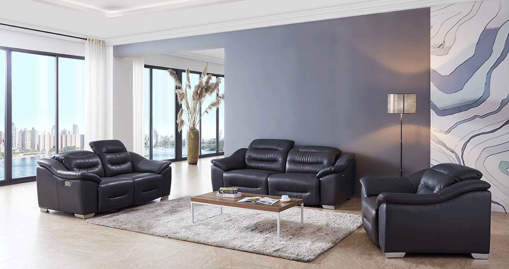 Contemporary Leather Grey Living Room Set - Click Image to Close