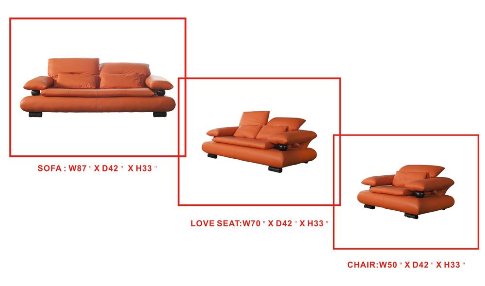 Sofa Set in Orange Leather with Wenge Wood Finished Accent - Click Image to Close