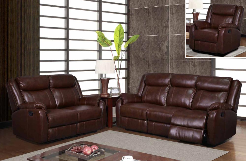 Brown Upholstered Reclining Three Piece Sofa Set Traditional Style - Click Image to Close