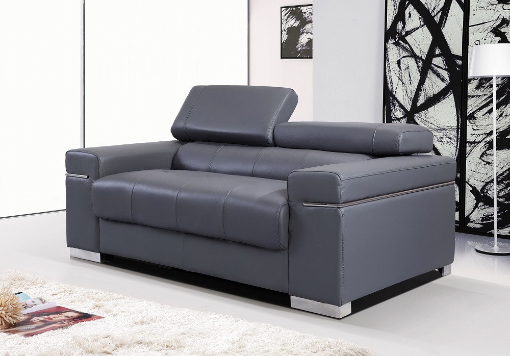 Contemporary Grey Italian Leather Sofa Set with Adjustable Headrest - Click Image to Close