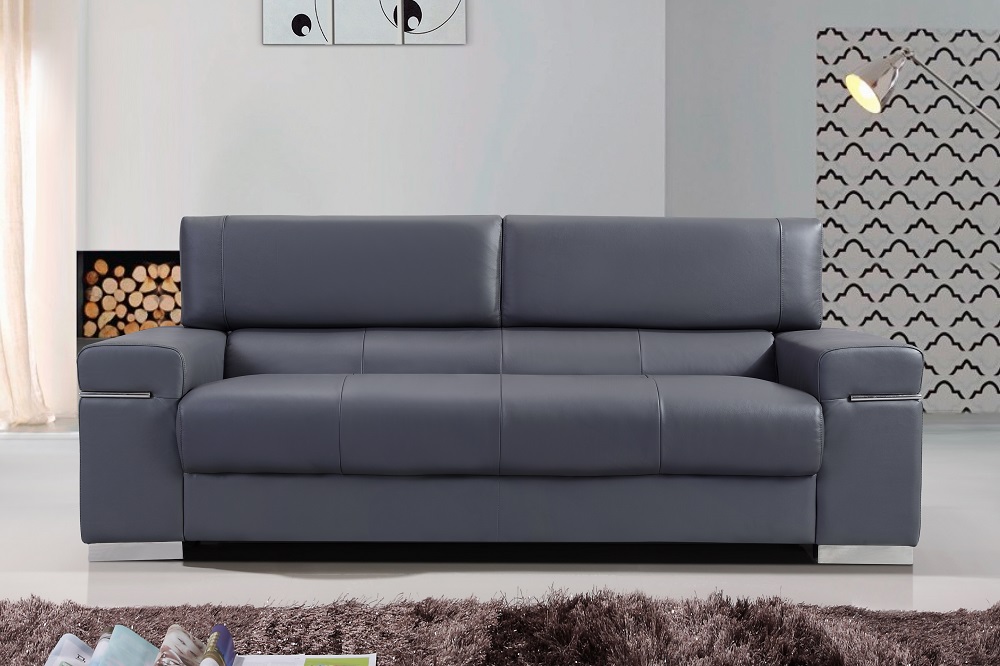 Contemporary Grey Italian Leather Sofa Set with Adjustable Headrest - Click Image to Close