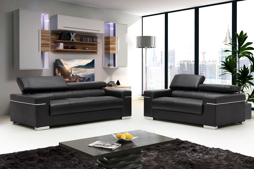 Contemporary Grey Italian Leather Sofa Set with Adjustable Headrest - Click Image to Close