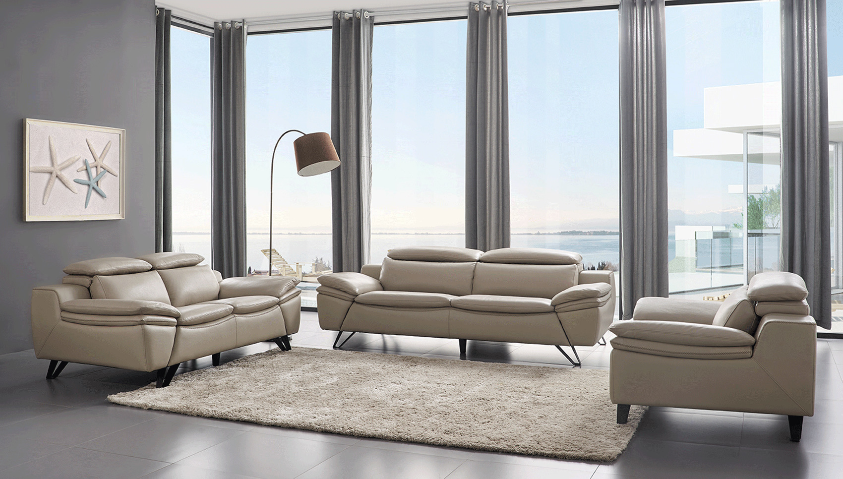 Light Grey Stitching Leather Sofa Loveseat And Chair Set Super Modern E 973 