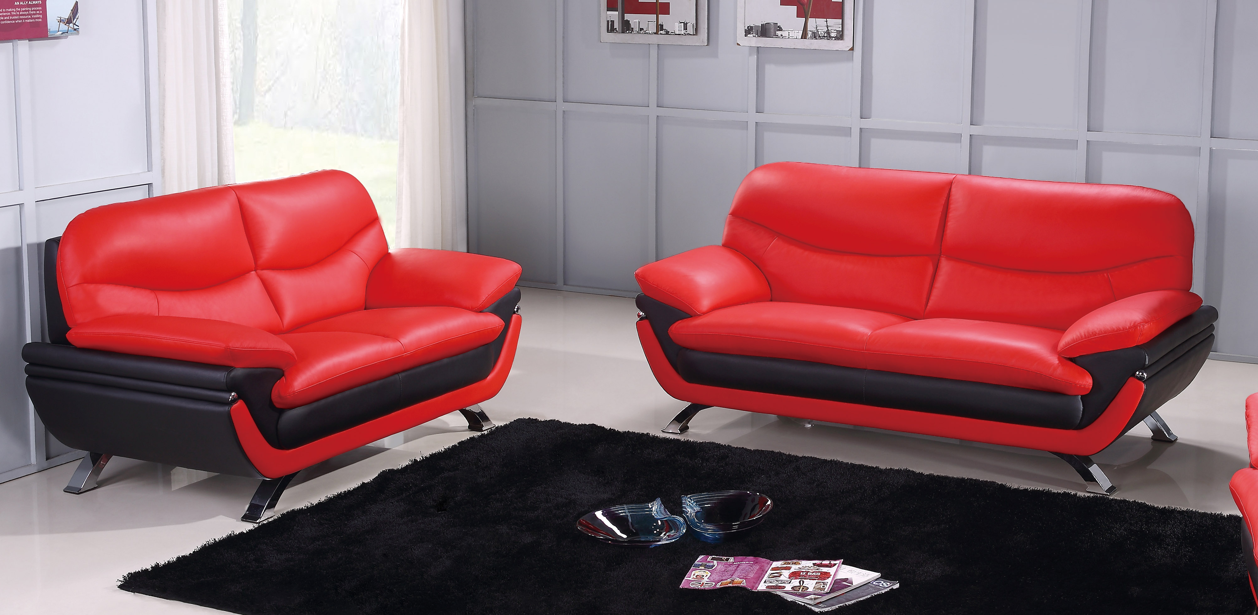 Multi-Toned Contemporary Leather Sofa Set with Metal Legs - Click Image to Close