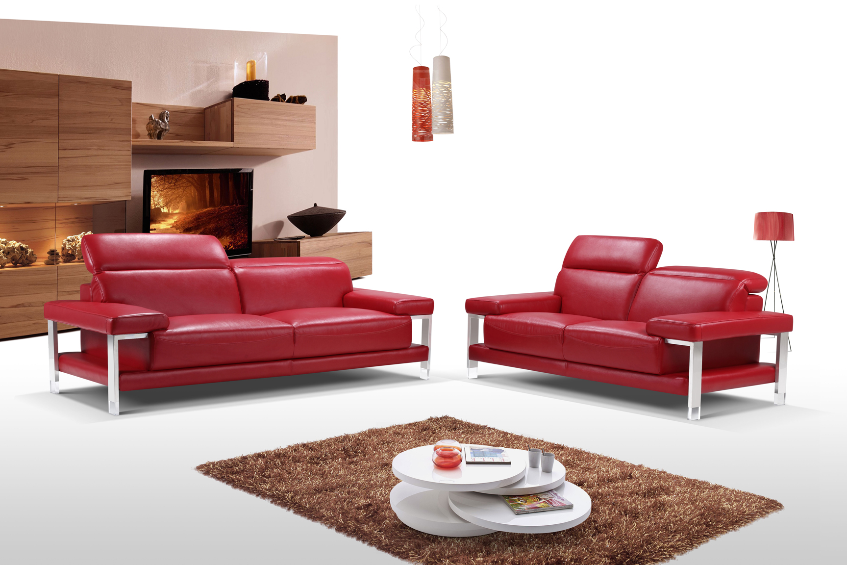 Chic Fiery Red Two Piece Top Grain Leather Living Room Set 