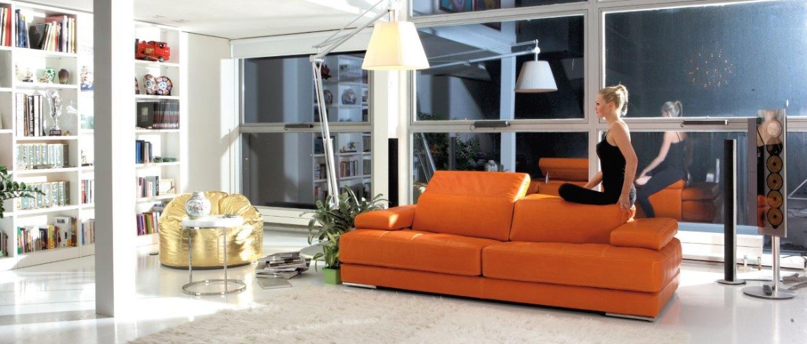 Leather Contemporary Sofa Set with Adjustable Headrests - Click Image to Close