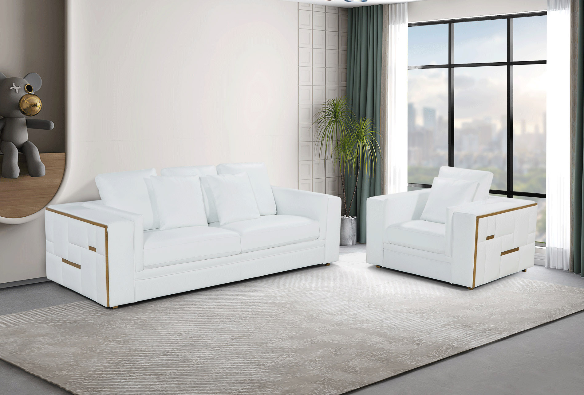 Modern White Upholstered in Italian Leather Sofa Set - Click Image to Close