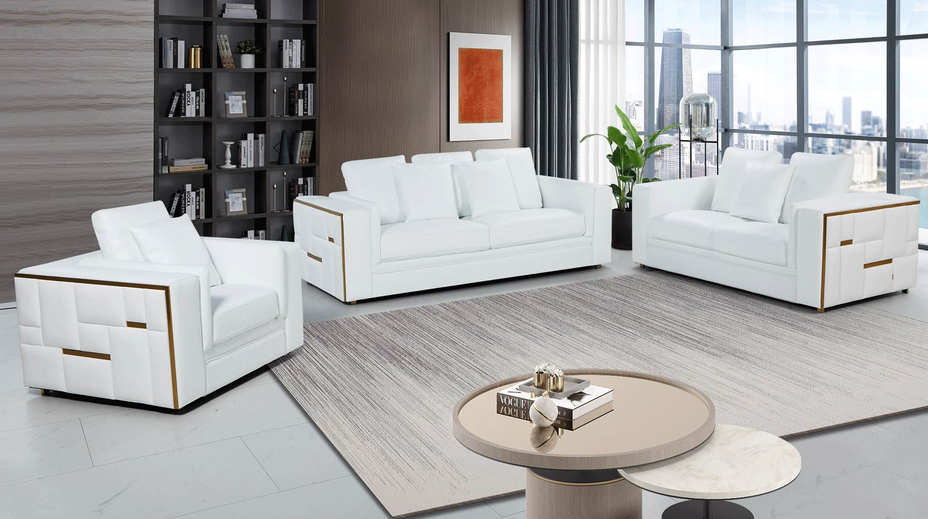 Modern White Upholstered in Italian Leather Sofa Set - Click Image to Close