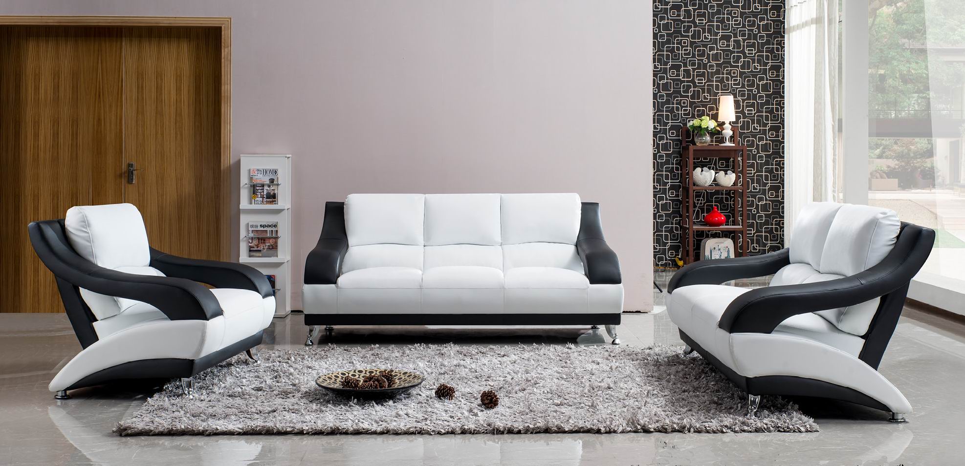 White Leather Sofa Set With Black Accents Miami Florida ESF 1368