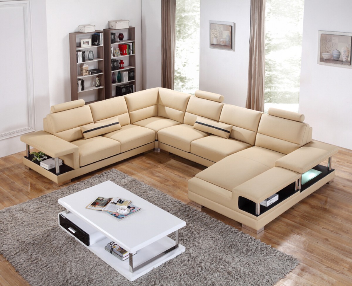 Adjustable Headrests Beige Italian Leather Sectional Big Large U Shape T717 