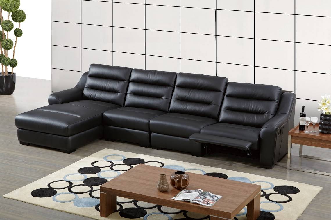 Top Grain Leather Ribbed Sectional Sofa with Recliner - Click Image to Close