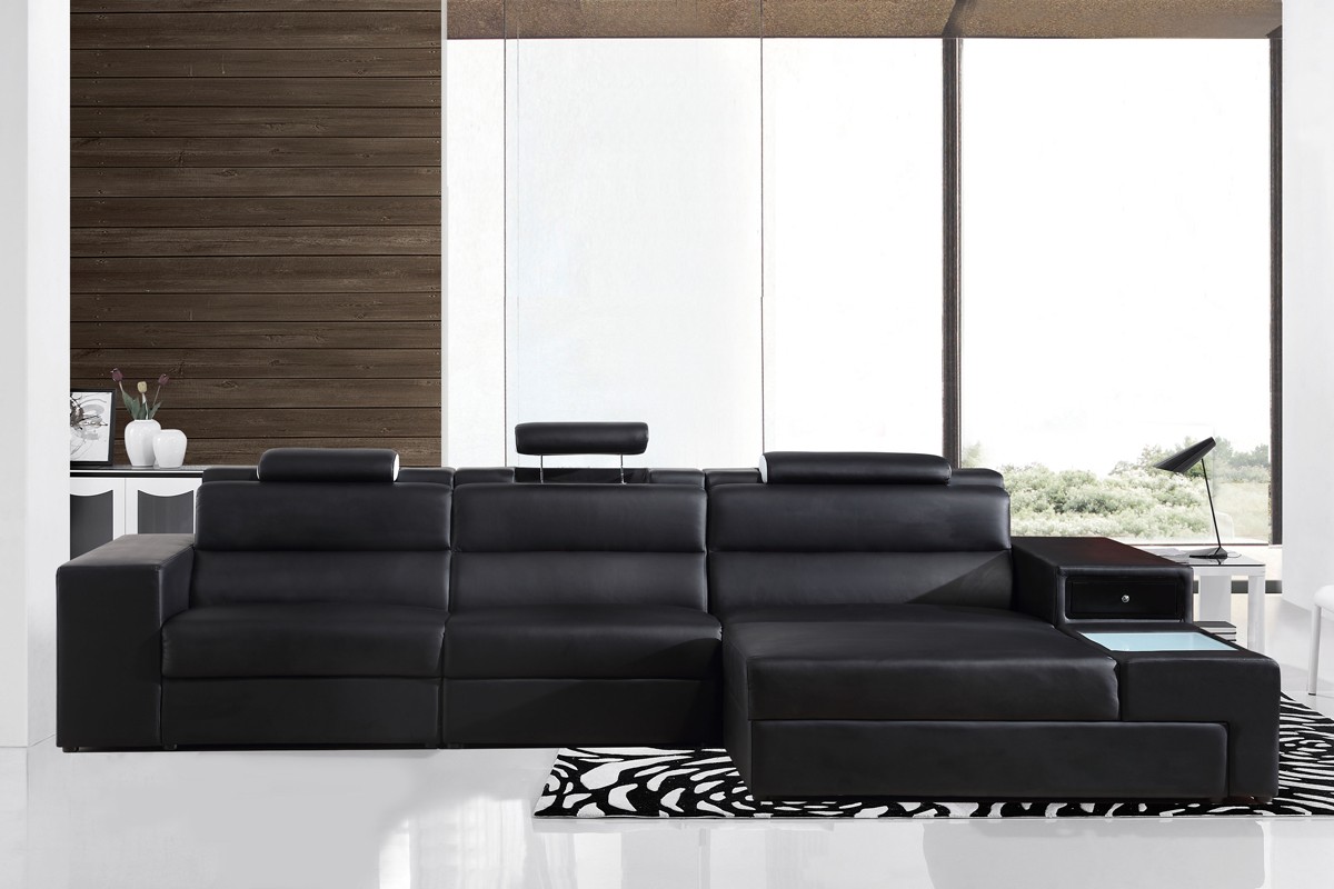 Long Rounded Contemporary Sectional in Black Bonded Leather - Click Image to Close