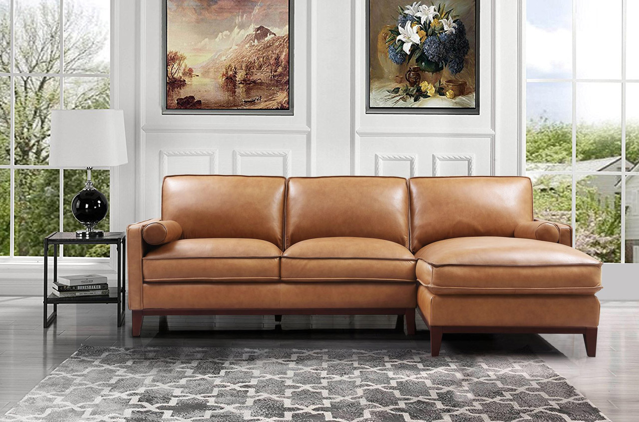 Elegant Quality Leather L-shape Sectional with Pillows