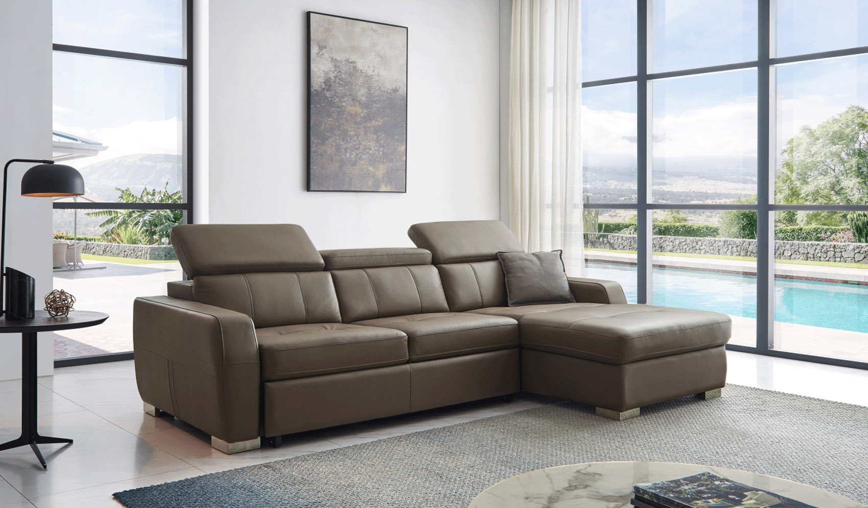 Stylish Sectional with Chrome Legs High Quality Leather - Click Image to Close